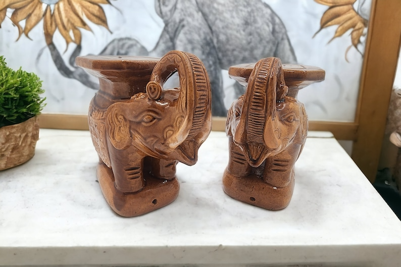 Vintage Pair Brown Glazed Elephant Garden Stands - Charming Decorative Accent - Thecosmicaccess