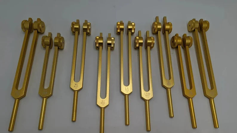 9 Solfeggio and 9 Chakra Gold Weighted Tuning Fork Set Tuned .25Hz SOUND HEALING