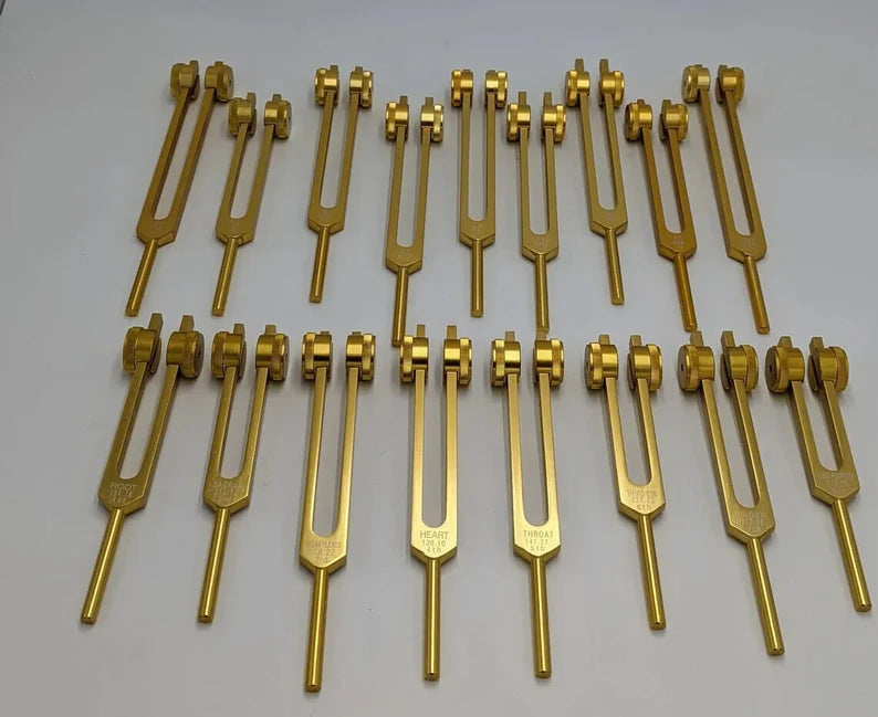 9 Solfeggio and 9 Chakra Gold Weighted Tuning Fork Set Tuned .25Hz SOUND HEALING