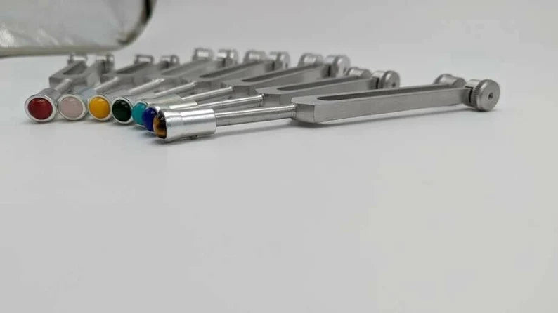 Chakra Weighted Tuning Fork Set with Gem Attenuators,1 mallet and pouch