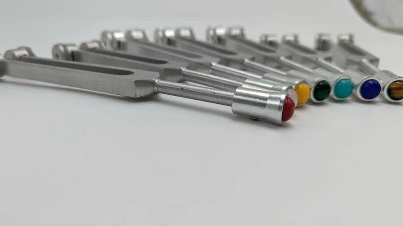 Chakra Weighted Tuning Fork Set with Gem Attenuators,1 mallet and pouch