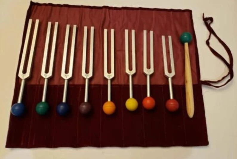 Solar Harmonic Spectrum 8 Set Tuning Forks with Striker Velvet Bag Color Balls