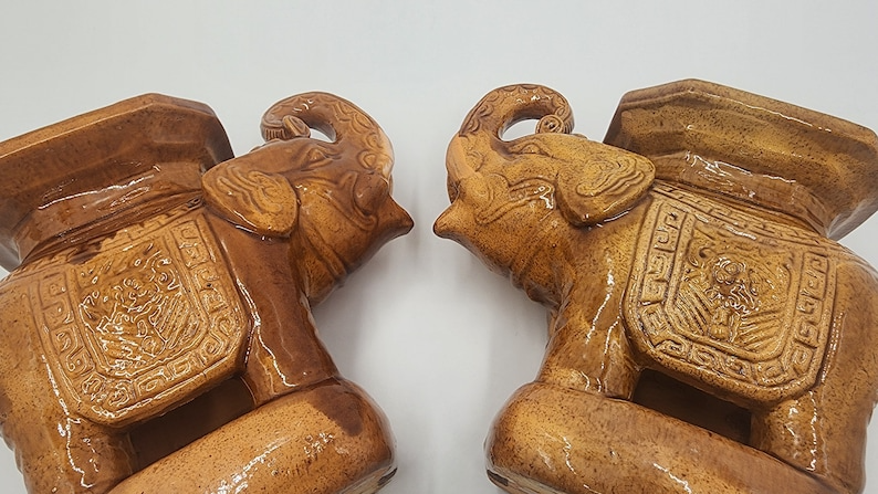 Vintage Pair Brown Glazed Elephant Garden Stands - Charming Decorative Accent - Thecosmicaccess