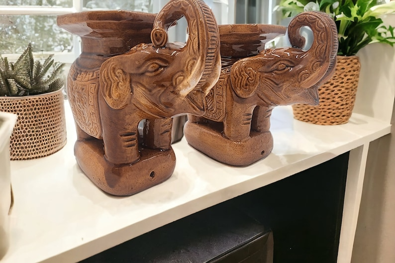 Vintage Pair Brown Glazed Elephant Garden Stands - Charming Decorative Accent - Thecosmicaccess