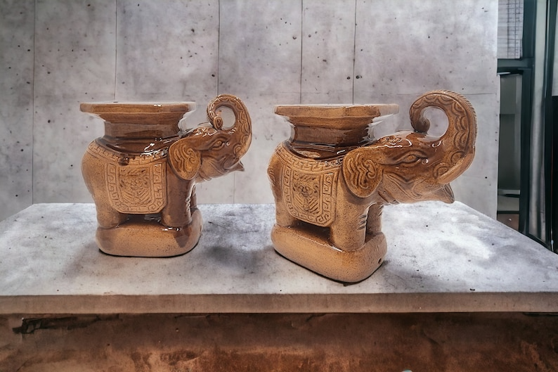 Vintage Pair Brown Glazed Elephant Garden Stands - Charming Decorative Accent - Thecosmicaccess