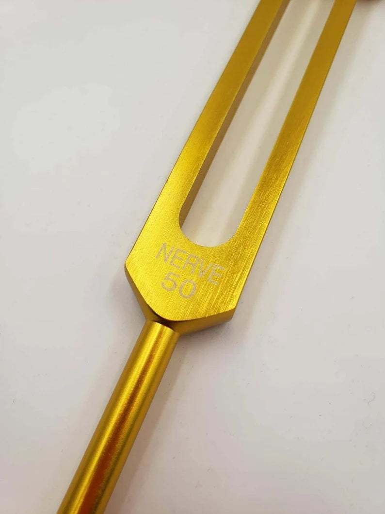 Weighted 50 Hz Gold Color Tuning Fork to Stimulate Nerve Healing with Mallet and Pouch