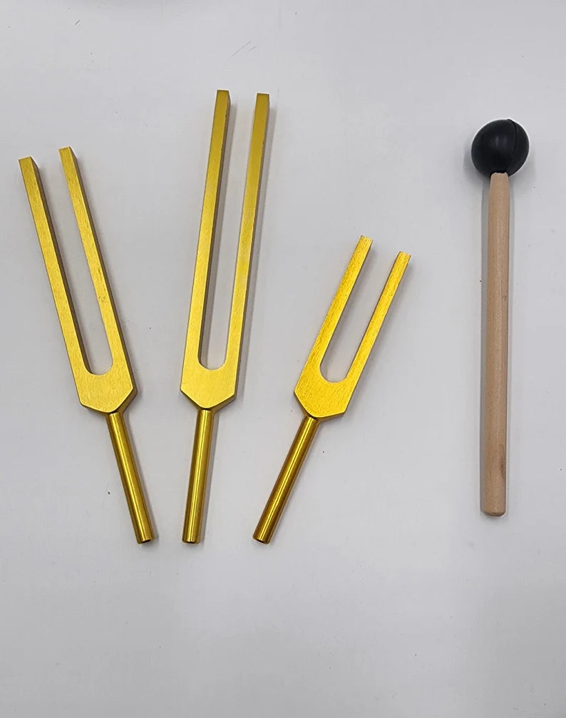 Harmony Tone Gold Resonance Trio - Unweighted Tuning Fork Set of 3 - C & G and 963Hz with Striker and Pouch