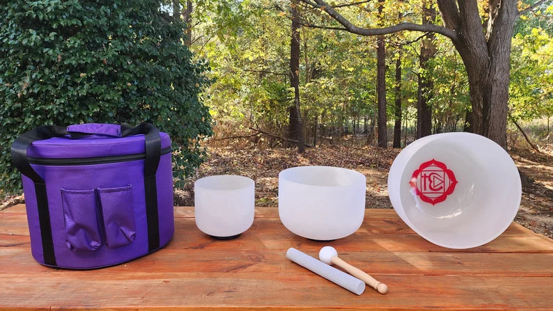 432Hz Inner Chakra Sign Crystal Singing Bowl Set - 12C, 10E, 8A - Set of 3 with Padded Secure Case, 2 Strikers and 3 O-rings - Thecosmicaccess