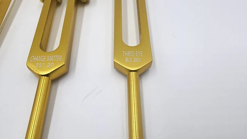 Gold Color Weighted Unique 5 Set of Psychic Tuning Fork Set with Striker and Velvet Bag