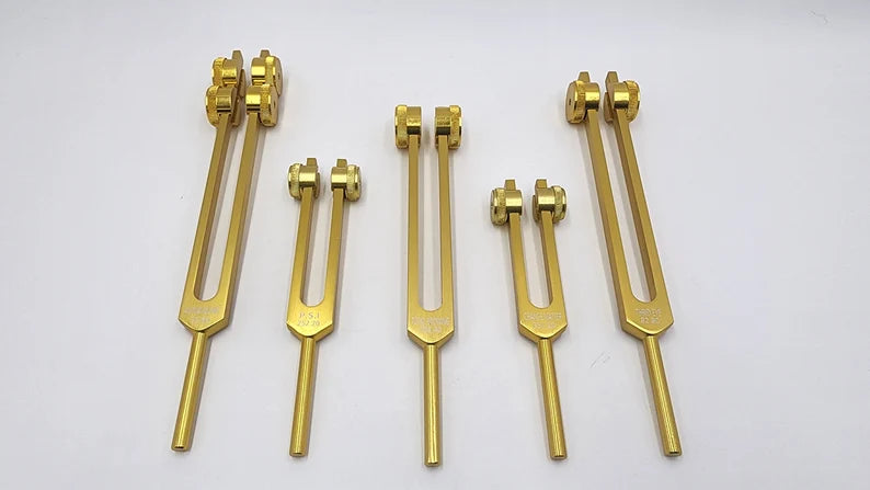 Gold Color Weighted Unique 5 Set of Psychic Tuning Fork Set with Striker and Velvet Bag