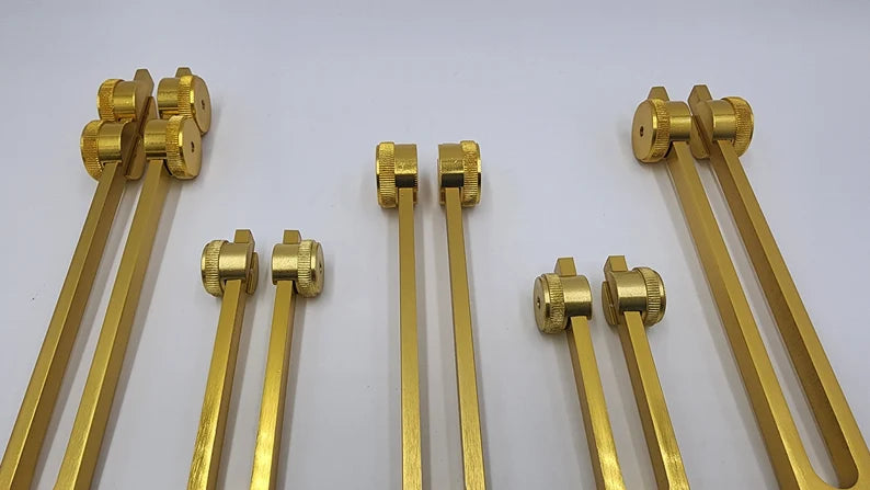 Gold Color Weighted Unique 5 Set of Psychic Tuning Fork Set with Striker and Velvet Bag