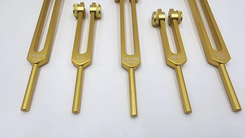 Gold Color Weighted Unique 5 Set of Psychic Tuning Fork Set with Striker and Velvet Bag