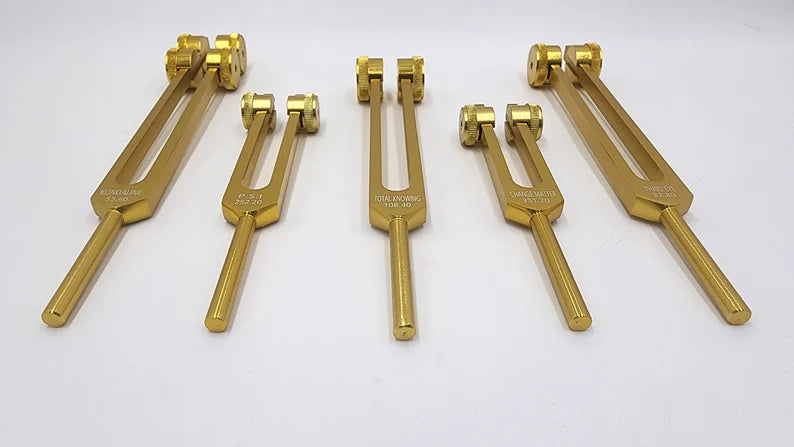 Gold Color Weighted Unique 5 Set of Psychic Tuning Fork Set with Striker and Velvet Bag