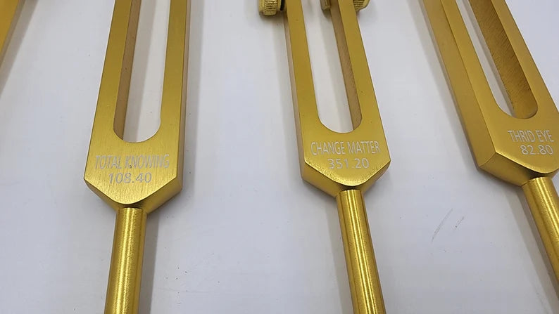 Gold Color Weighted Unique 5 Set of Psychic Tuning Fork Set with Striker and Velvet Bag