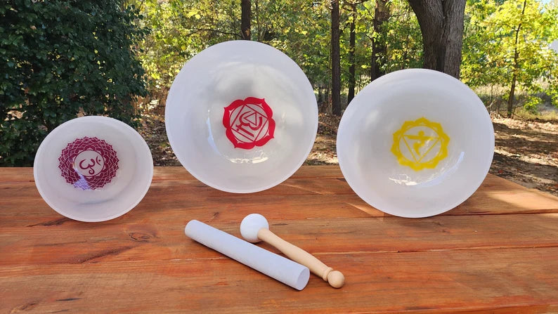 432Hz Inner Chakra Sign Crystal Singing Bowl Set - 12C, 10E, 8A - Set of 3 with Padded Secure Case, 2 Strikers and 3 O-rings