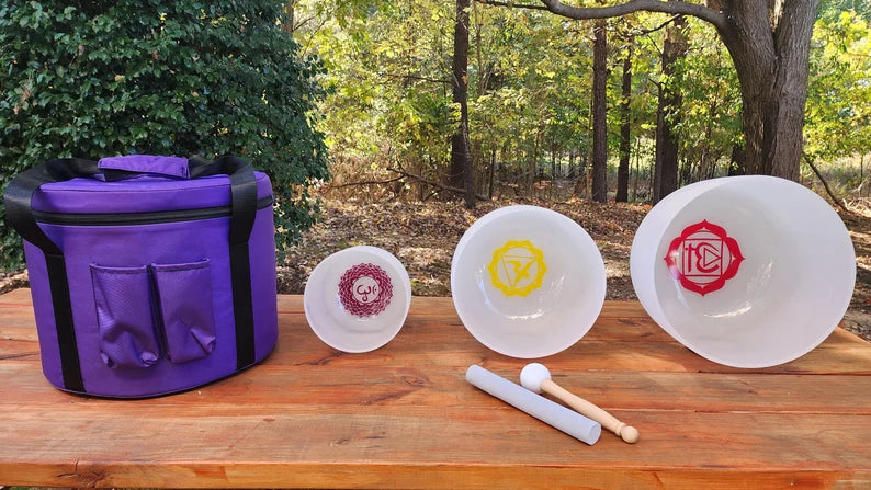 432Hz Inner Chakra Sign Crystal Singing Bowl Set - 12C, 10E, 8A - Set of 3 with Padded Secure Case, 2 Strikers and 3 O-rings