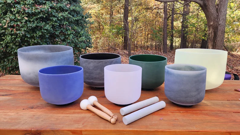 432Hz Gem Fused 7 Set Chakra Crystal Singing Bowls - Citrine, Obsidian, Sapphire, Emerald, Moldavite, Morganite, Lapiz Lazuli with Cases