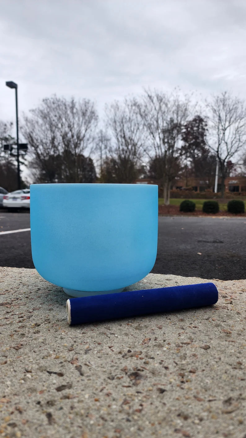 Special RARE Light Blue Color Perfect Pitch 8 Inch G Note Throat Chakra Crystal Singing Bowl with Blue Suede Stick and O-ring