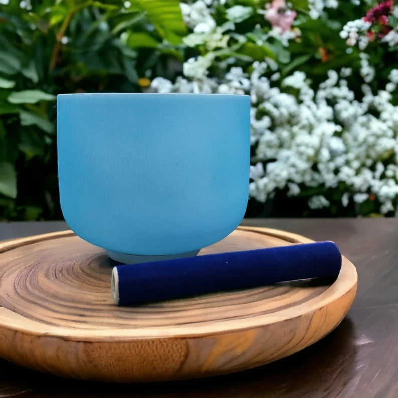 Special RARE Light Blue Color Perfect Pitch 8 Inch G Note Throat Chakra Crystal Singing Bowl with Blue Suede Stick and O-ring
