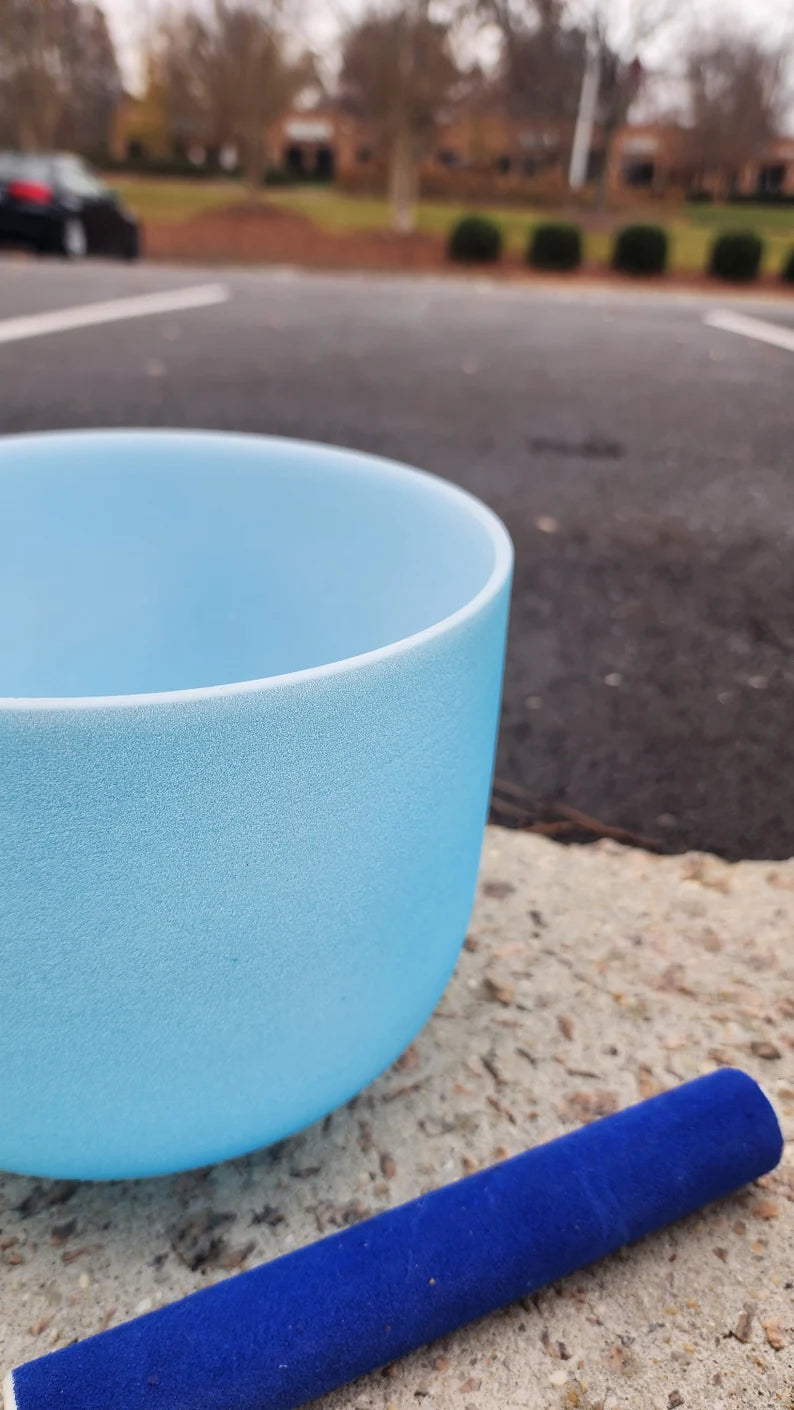 Special RARE Light Blue Color Perfect Pitch 8 Inch G Note Throat Chakra Crystal Singing Bowl with Blue Suede Stick and O-ring