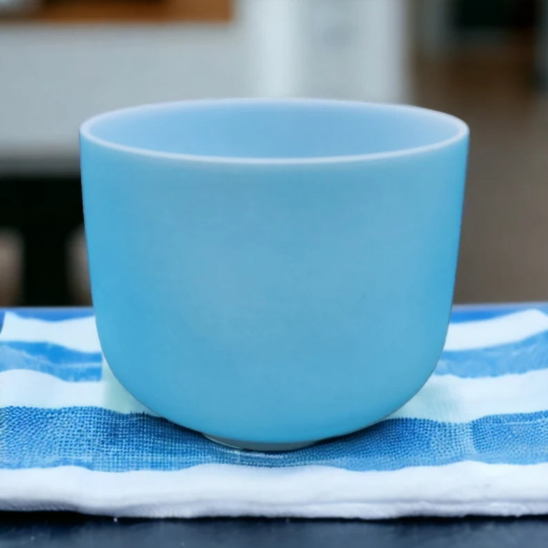 Special RARE Light Blue Color Perfect Pitch 8 Inch G Note Throat Chakra Crystal Singing Bowl with Blue Suede Stick and O-ring