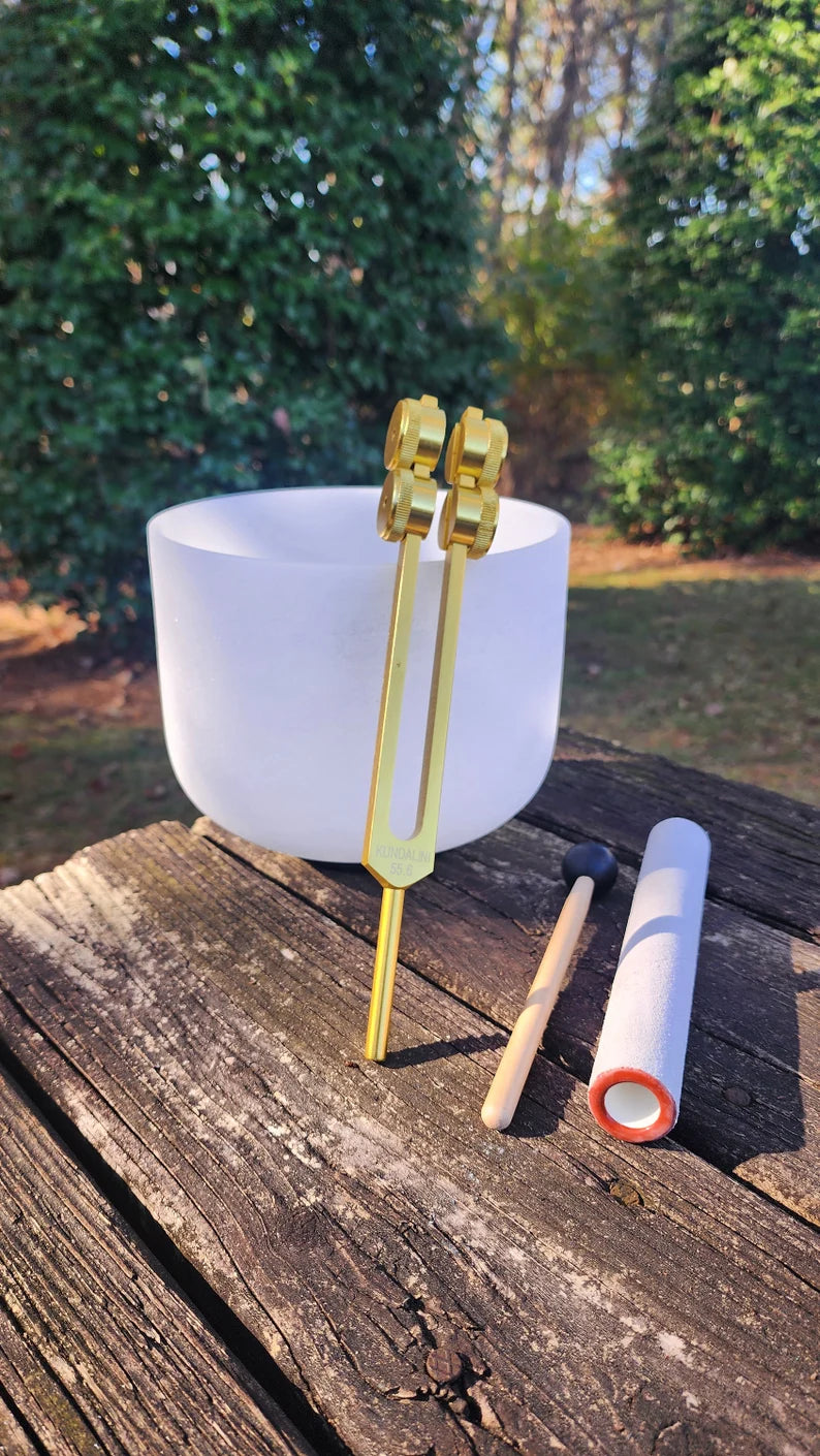 Sacred Kundalini Awakening Set : 8 inch Crystal Singing Bowl and Gold Color Tuning Fork with Strikers and O-ring