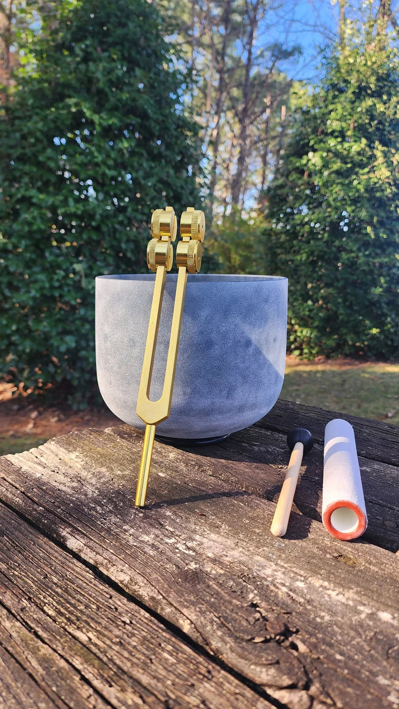 Sacred Kundalini Awakening Set : 8 inch Crystal Singing Bowl and Gold Color Tuning Fork with Strikers and O-ring