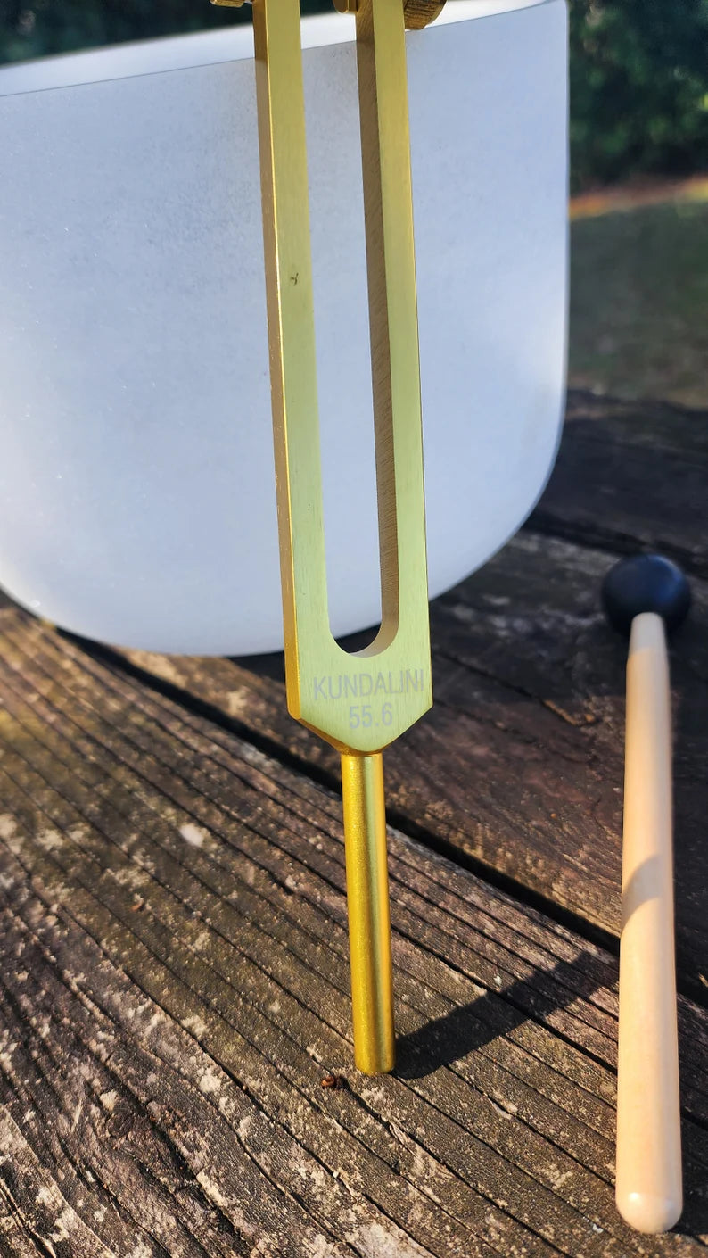 Sacred Kundalini Awakening Set : 8 inch Crystal Singing Bowl and Gold Color Tuning Fork with Strikers and O-ring