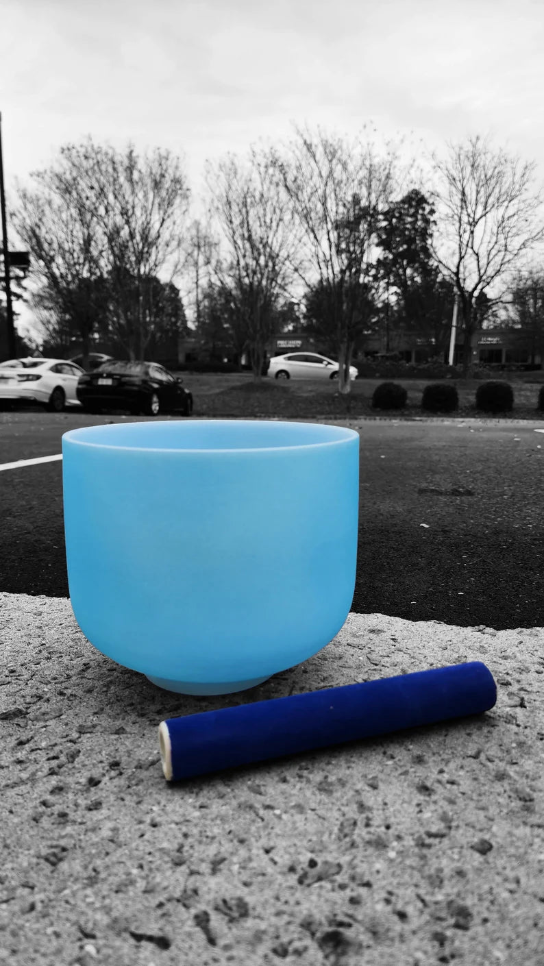 Special RARE Light Blue Color Perfect Pitch 8 Inch G Note Throat Chakra Crystal Singing Bowl with Blue Suede Stick and O-ring