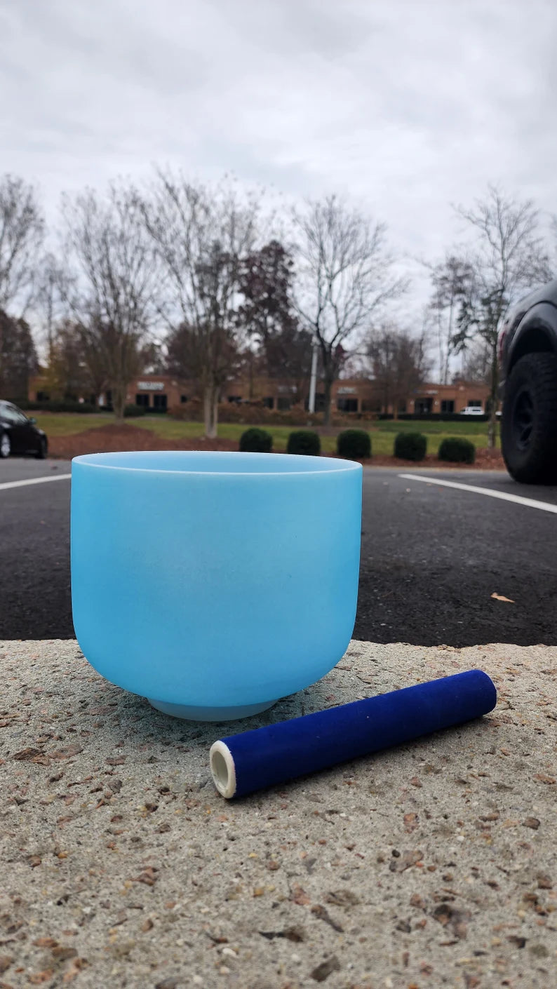 Special RARE Light Blue Color Perfect Pitch 8 Inch G Note Throat Chakra Crystal Singing Bowl with Blue Suede Stick and O-ring