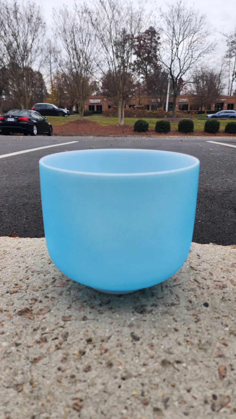 Special RARE Light Blue Color Perfect Pitch 8 Inch G Note Throat Chakra Crystal Singing Bowl with Blue Suede Stick and O-ring