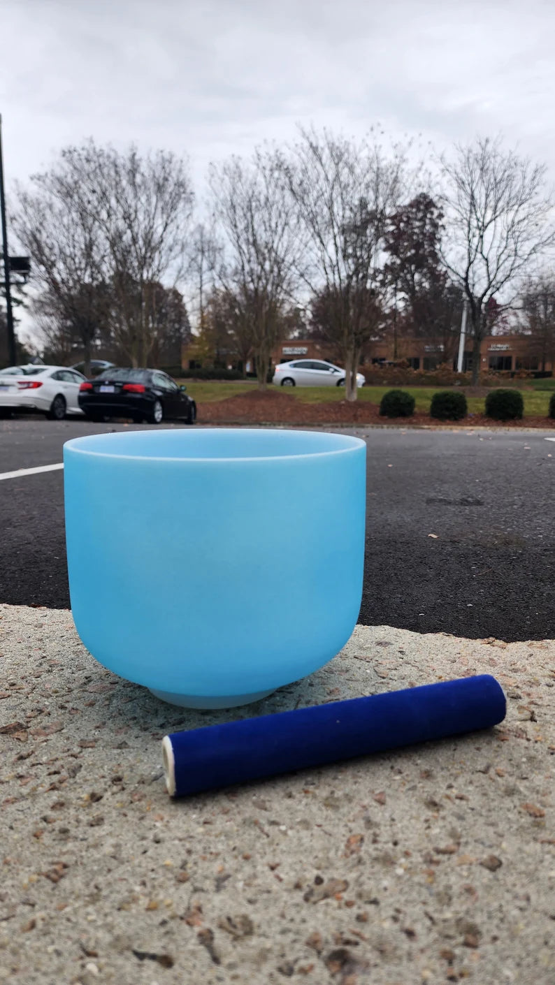 Special RARE Light Blue Color Perfect Pitch 8 Inch G Note Throat Chakra Crystal Singing Bowl with Blue Suede Stick and O-ring