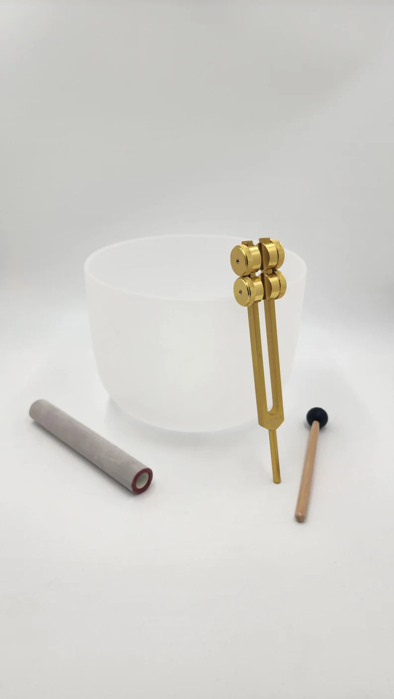 Sacred Kundalini Awakening Set : 8 inch Crystal Singing Bowl and Gold Color Tuning Fork with Strikers and O-ring