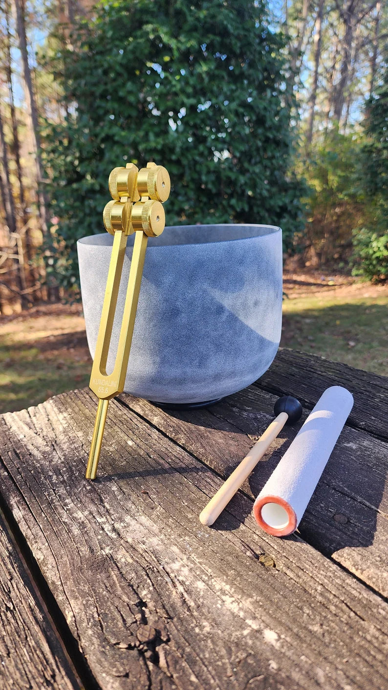 Sacred Kundalini Awakening Set : 8 inch Crystal Singing Bowl and Gold Color Tuning Fork with Strikers and O-ring