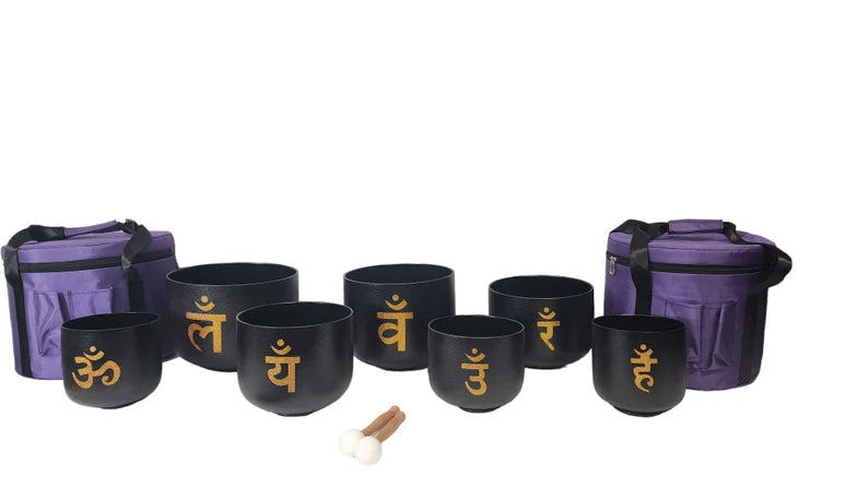 Harmony Unveiled: 432Hz Perfect Pitch Chakra Crystal Singing Bowls Set in Elegant Black with Gold Sanskrit Chakra Symbols