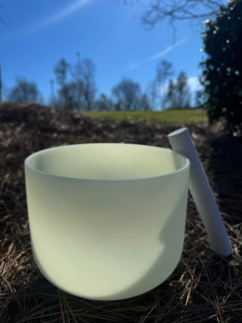 Rare 8" G Note Throat Chakra Citrine Gem Fused Crystal Singing Bowl - Handmade Meditation Bowl for Healing and Relaxation with Padded Bag