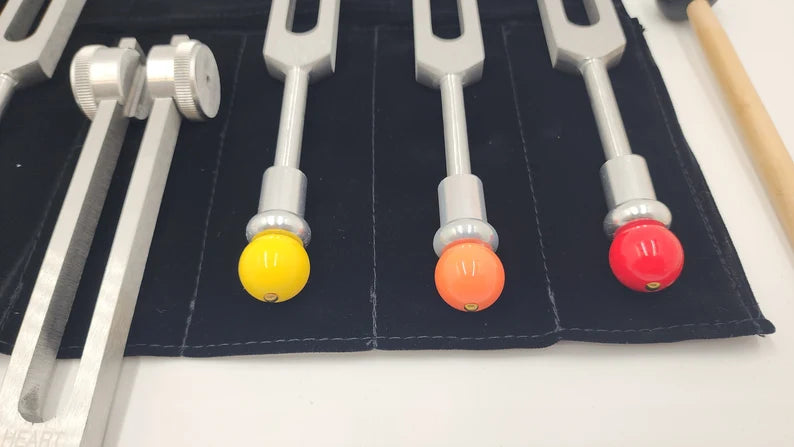 Chakra Tuning Fork Set of 8 Weighted Tuning Forks with Color Coded BUDDHA BEADS - Thecosmicaccess