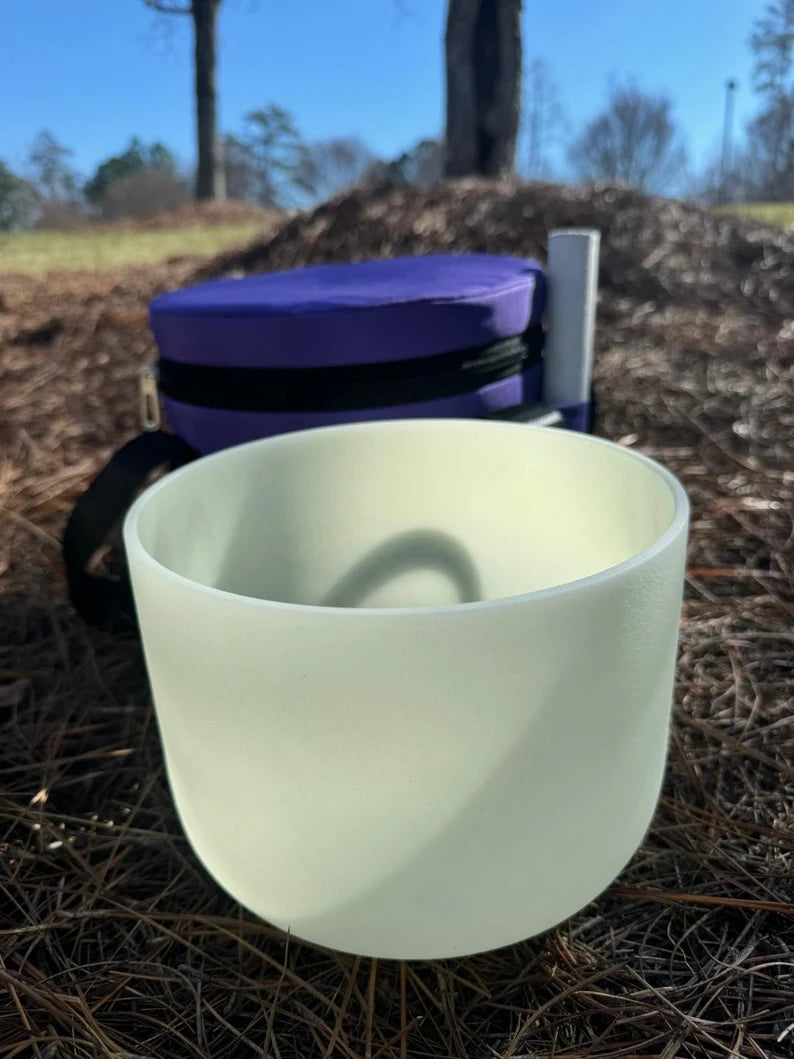 Rare 8" G Note Throat Chakra Citrine Gem Fused Crystal Singing Bowl - Handmade Meditation Bowl for Healing and Relaxation with Padded Bag