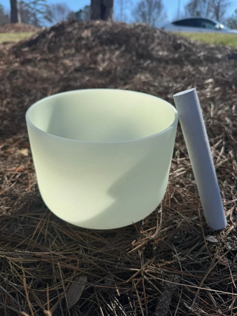 Rare 8" G Note Throat Chakra Citrine Gem Fused Crystal Singing Bowl - Handmade Meditation Bowl for Healing and Relaxation with Padded Bag