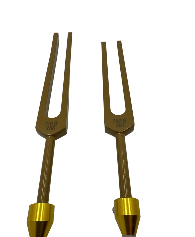 Unweighted Brown Color Ying Yang Tuning Fork Set for Healing C 256Hz and G 384Hz with Removable Buddha Beads Feet, Striker, and Storage Bag