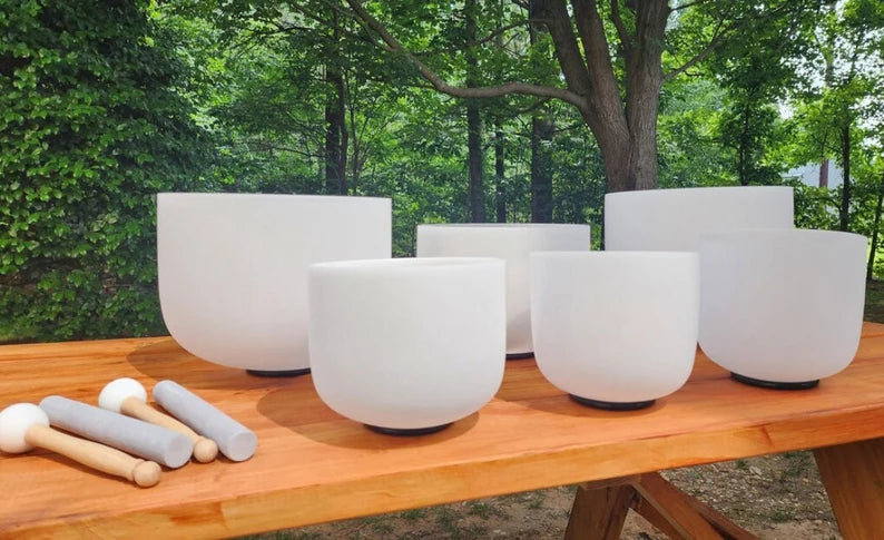 432Hz Crystal White Singing Bowls: A, B, E, F, G Notes, Sizes 6 to 10 Inches with Strikers and O Rings - Choose Your Bowl