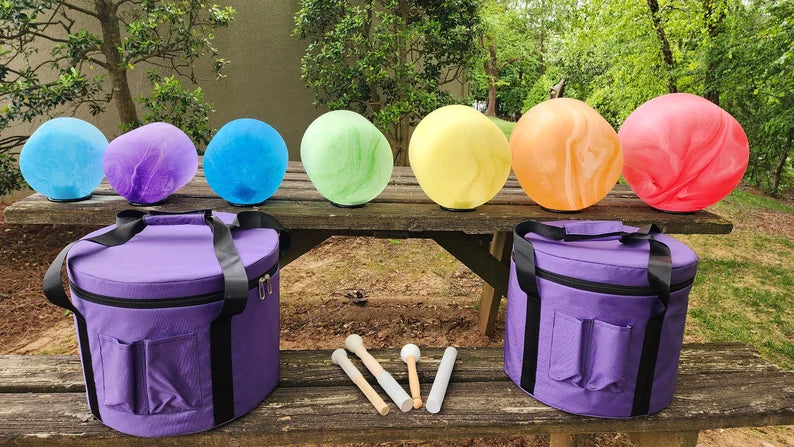 432 Hz Perfect Pitch Tie dye Crystal Singing Bowl Set includes 2 Secured CASES, Cushions, O-Rings, 2 Mallets and 2 Suede Strikers