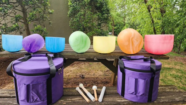432 Hz Perfect Pitch Tie dye Crystal Singing Bowl Set includes 2 Secured CASES, Cushions, O-Rings, 2 Mallets and 2 Suede Strikers