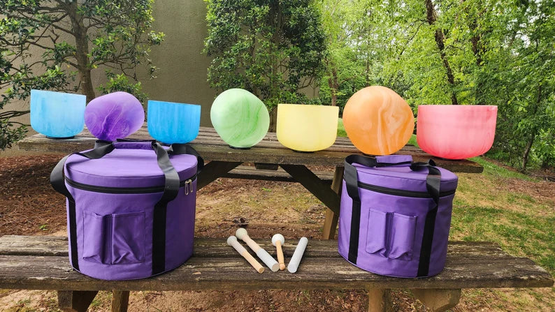 432 Hz Perfect Pitch Tie dye Crystal Singing Bowl Set includes 2 Secured CASES, Cushions, O-Rings, 2 Mallets and 2 Suede Strikers
