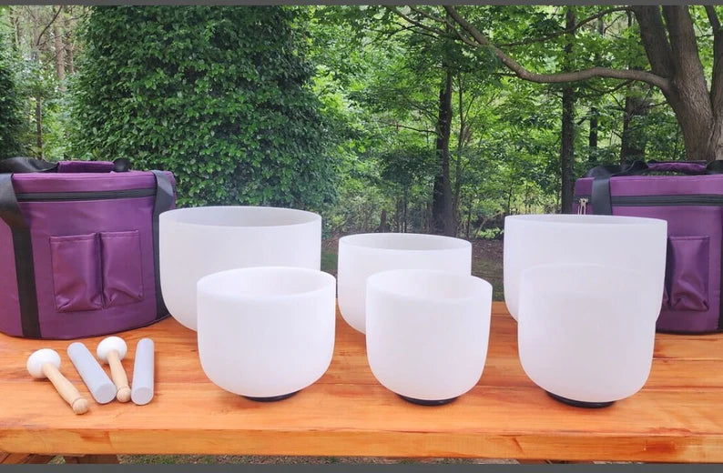432Hz Crystal White Singing Bowls: A, B, E, F, G Notes, Sizes 6 to 10 Inches with Strikers and O Rings - Choose Your Bowl