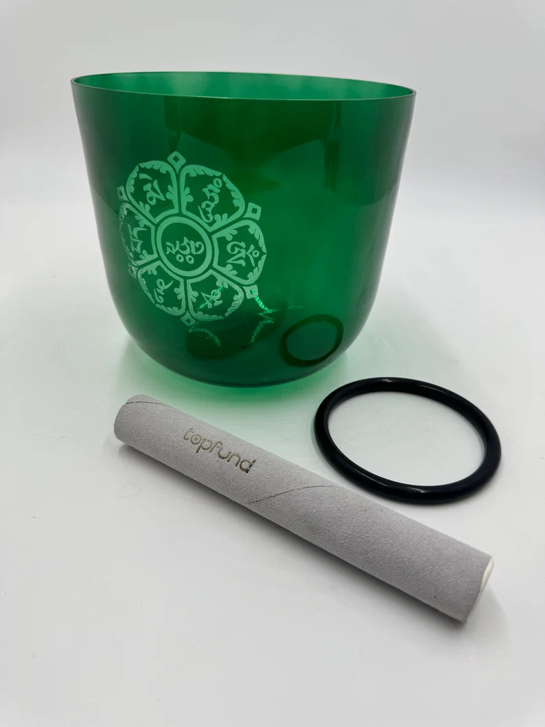 432Hz Crystal Singing Bowl 7.2 Inch Perfect Pitch Hand Design Om MANI PADMEI Hum 3rd Octave G Sharp Zeal Chakra with Striker and O-ring - Thecosmicaccess