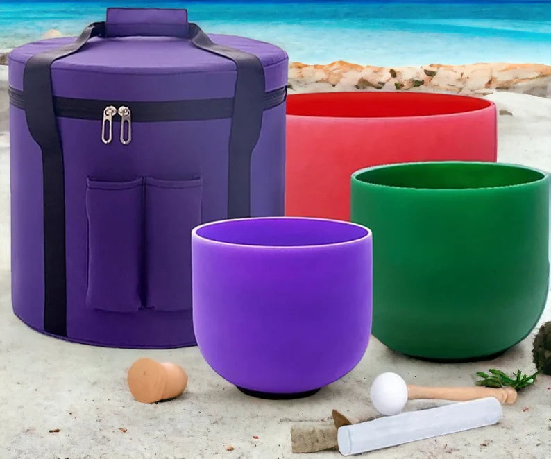 432Hz Set of 3 Color Crystal Singing Bowls 8" Blue 10" Green 12" Red with 2 Strikers and Padded Secured Case