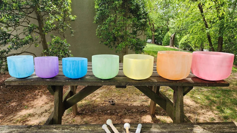 432 Hz Perfect Pitch Tie dye Crystal Singing Bowl Set includes 2 Secured CASES, Cushions, O-Rings, 2 Mallets and 2 Suede Strikers