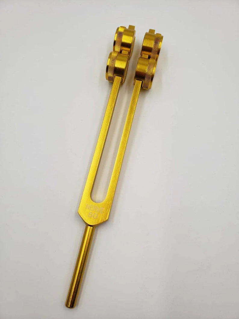 Weighted 50 Hz Gold Color Tuning Fork to Stimulate Nerve Healing with Mallet and Pouch