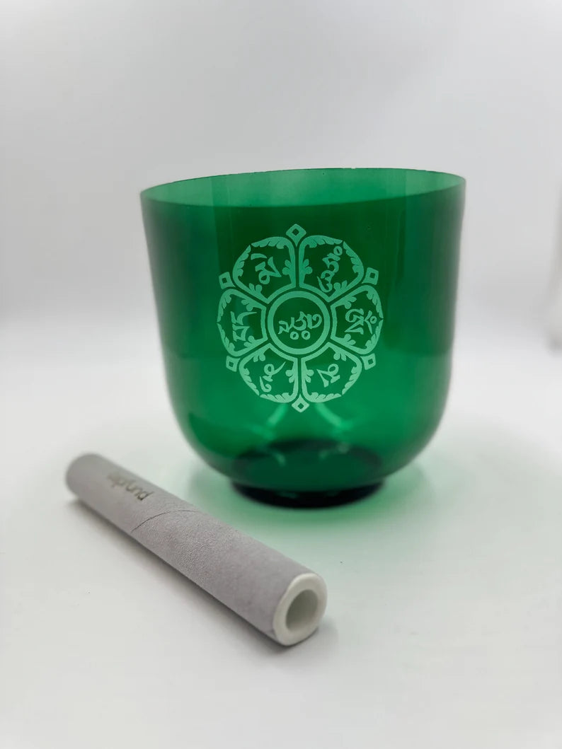 432Hz Crystal Singing Bowl 7.2 Inch Perfect Pitch Hand Design Om MANI PADMEI Hum 3rd Octave G Sharp Zeal Chakra with Striker and O-ring - Thecosmicaccess